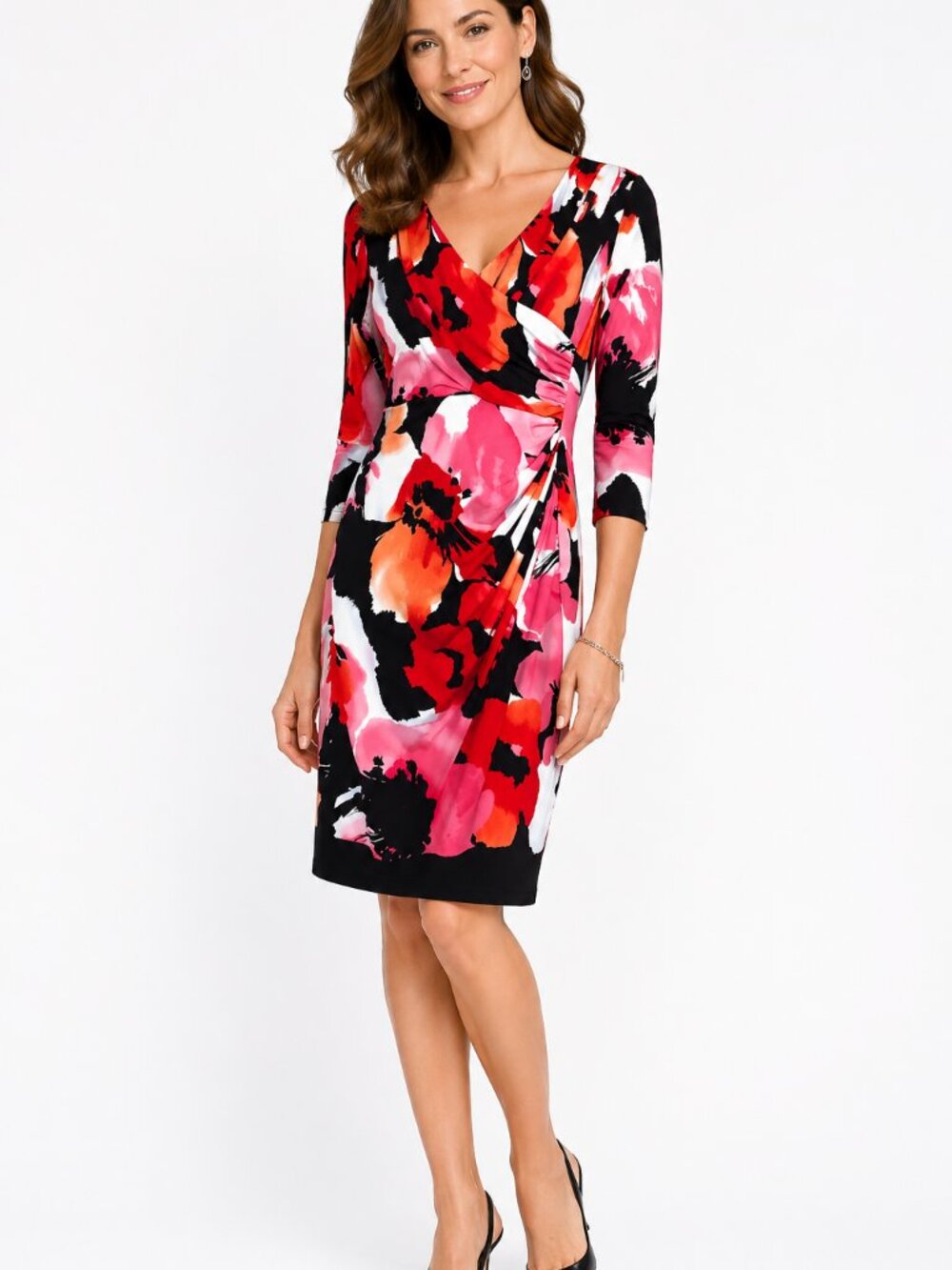 GINA BACCONI Midi Sheath Dress Size 8 Floral Stretch Faux Wrap Artsy Colorful